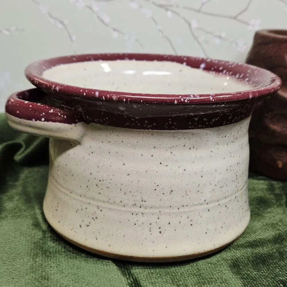 Vtg Stone Handcrafted Pottery Native Soup Bowl Cup Mug Cranberry White Speckled